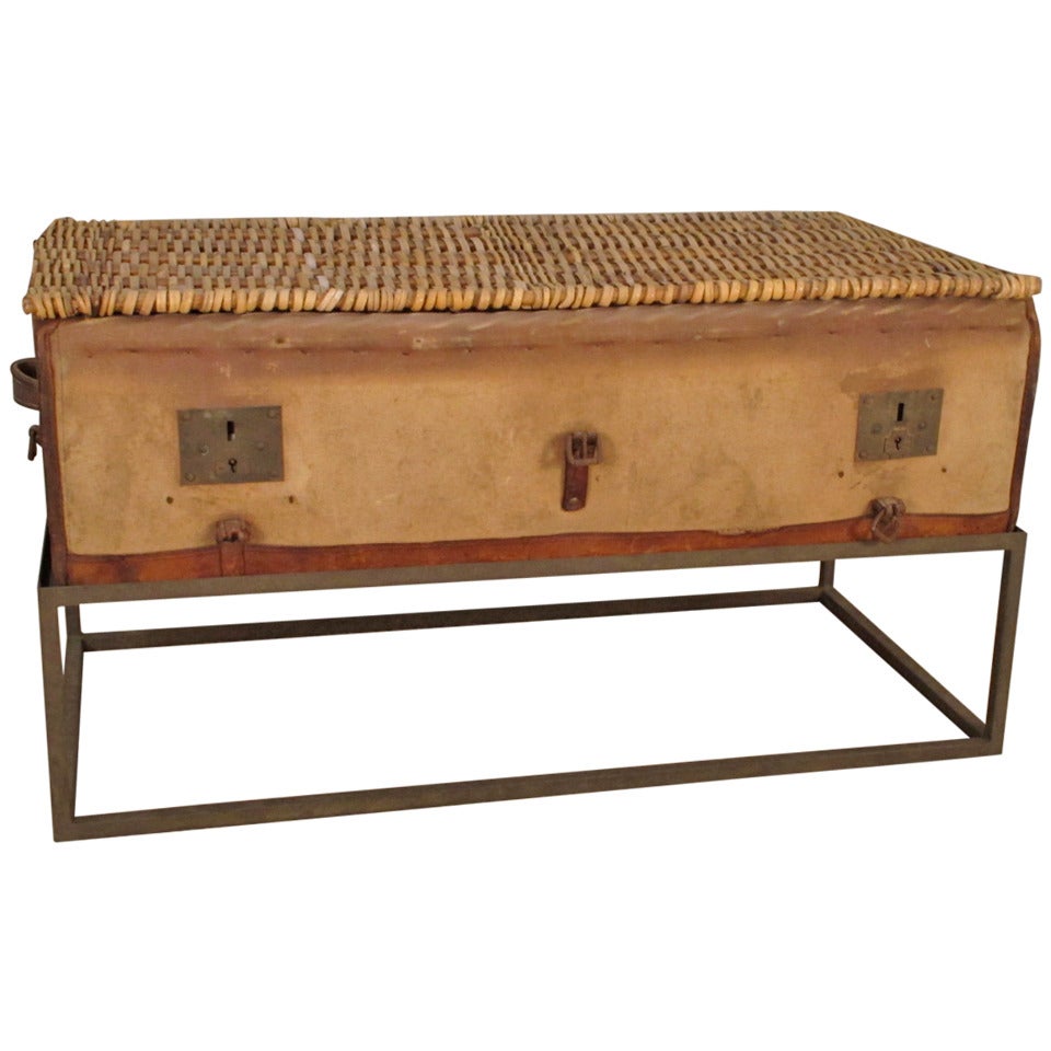 Antique Canvas and Wicker Trunk with Iron Stand