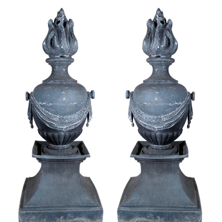 Pair of 19th C French Architectural Zinc Flame Columns