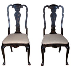 Antique Matched Pair of 19th C Black Lacquer Chinoiserie Side Chairs