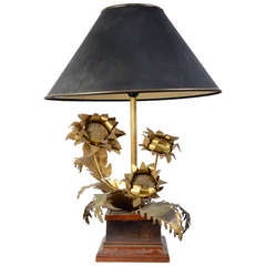 Brass Sunflowers On Wooden Socle Lamp