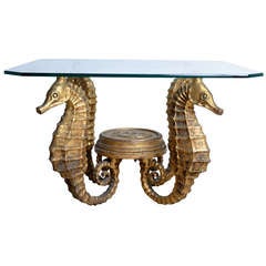 50's Or50's Spain Gilded Wood and Glass 4 Seahorses shaped Coffee Table
