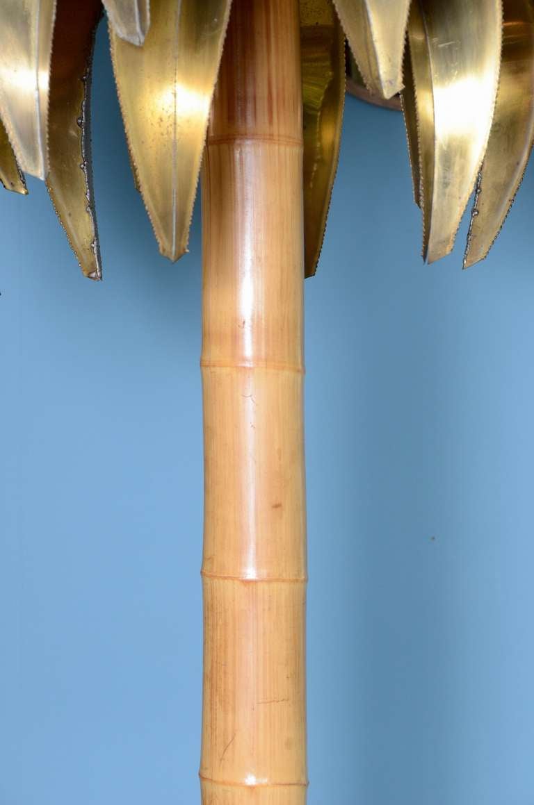 French Bamboo and Gilded Sheet Metal Coconut Tree Shaped Floor Lamp For Sale