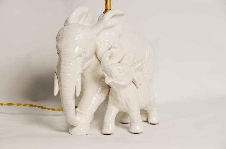 Mid-20th Century Pair of White Faience Elephant Shaped Table Lamps For Sale