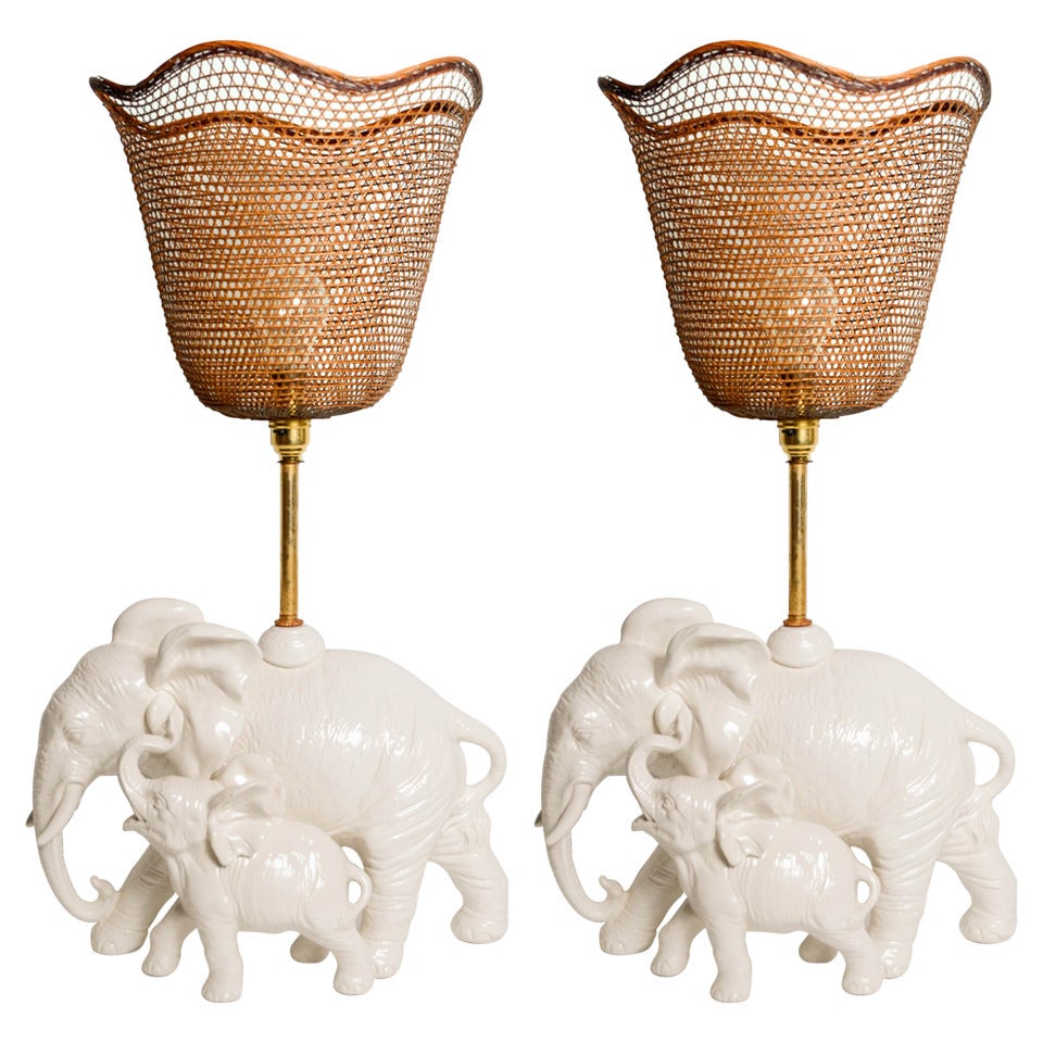 Pair of White Faience Elephant Shaped Table Lamps For Sale