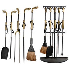 Horse Head and Hoof Shaped Gilded Bronze Leather and Black Iron Fireplace Tools Sets