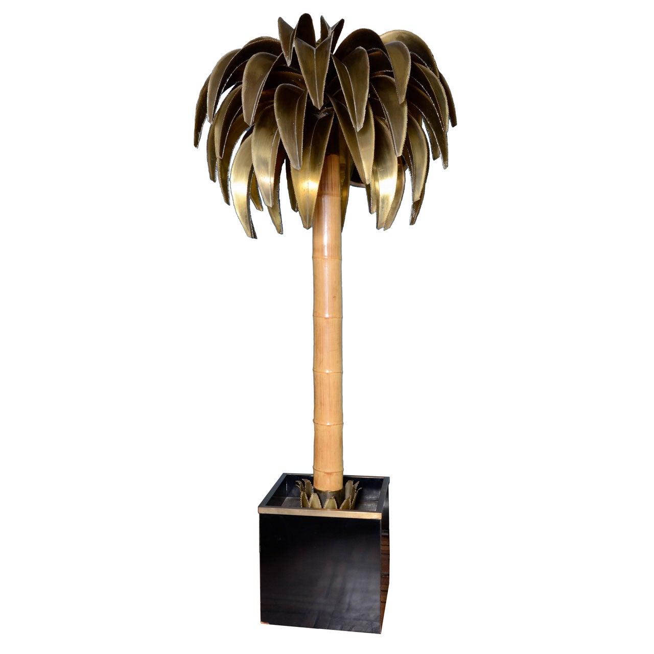Bamboo and Gilded Sheet Metal Coconut Tree Shaped Floor Lamp For Sale