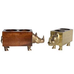 Pair of Rhino Shaped Bottle Holders of Mahogany Wood and Gilded Brass