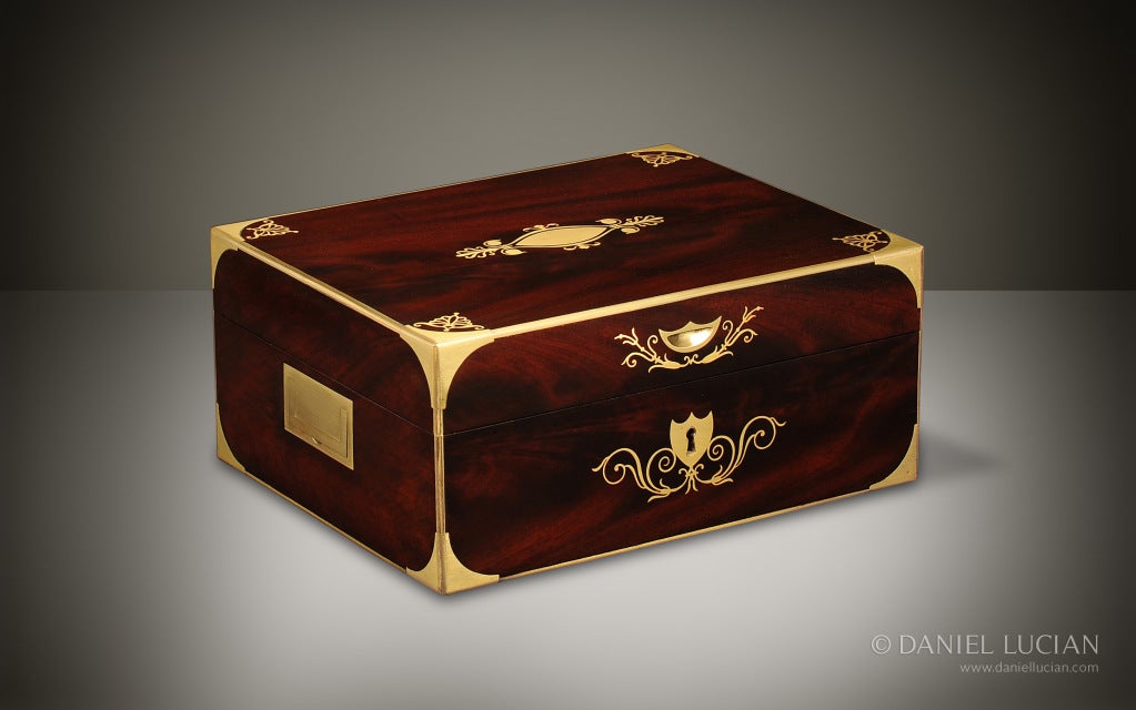 French Mahogany Antique Jewelry Box with Brass Inlay