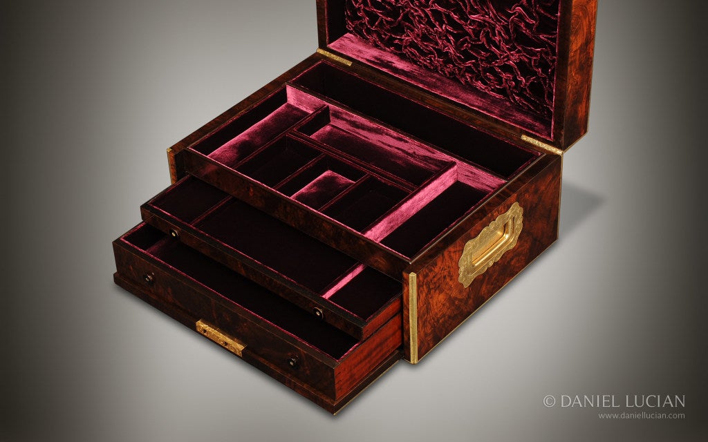 19th Century Walnut Antique Jewelry Box with Drop Front and Concealed Drawers For Sale