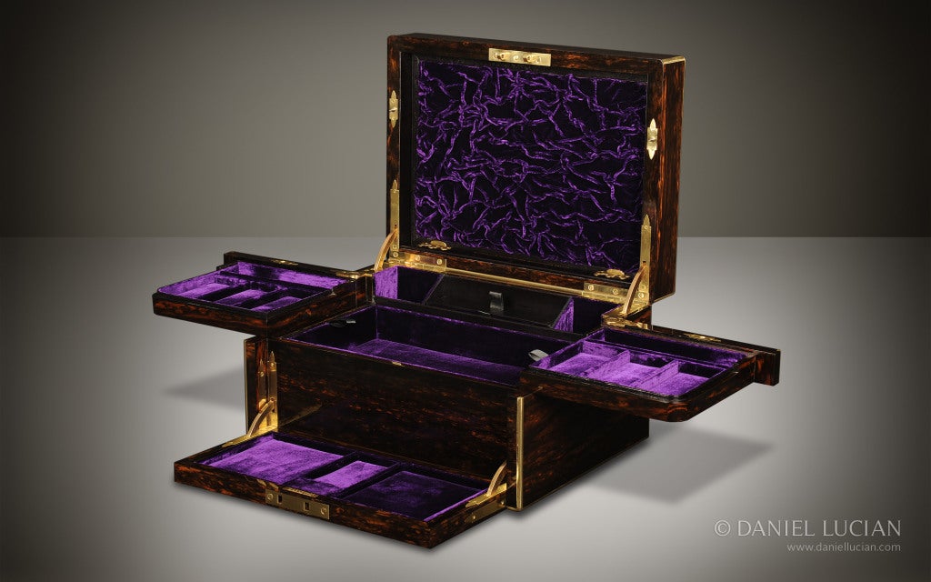 Brass Antique Jewelry Box in Coromandel with Betjemann Mechanism For Sale