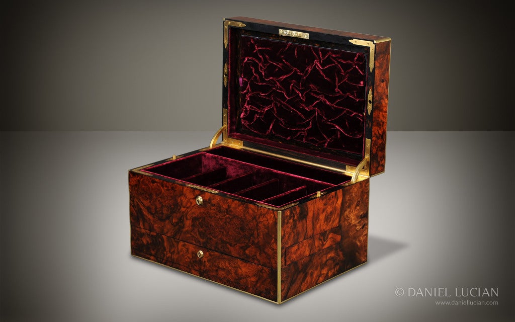 English Antique Jewelry Box in Burr Walnut For Sale