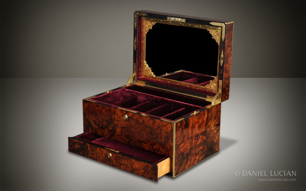 Gilt Antique Jewelry Box in Burr Walnut For Sale