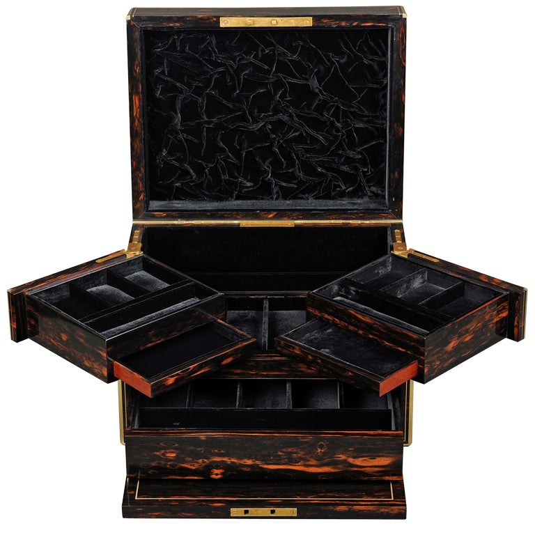 Antique Jewelry Box in Coromandel with Cantilever Mechanism For Sale