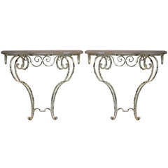 Pair of Wrought Iron and Marble Consoles from France, 1940s