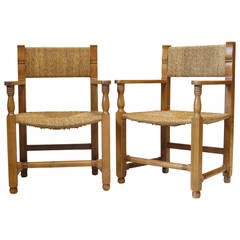 Pair of Wood and Rush Armchairs in the Style of JC Moreux, France, circa 1940s