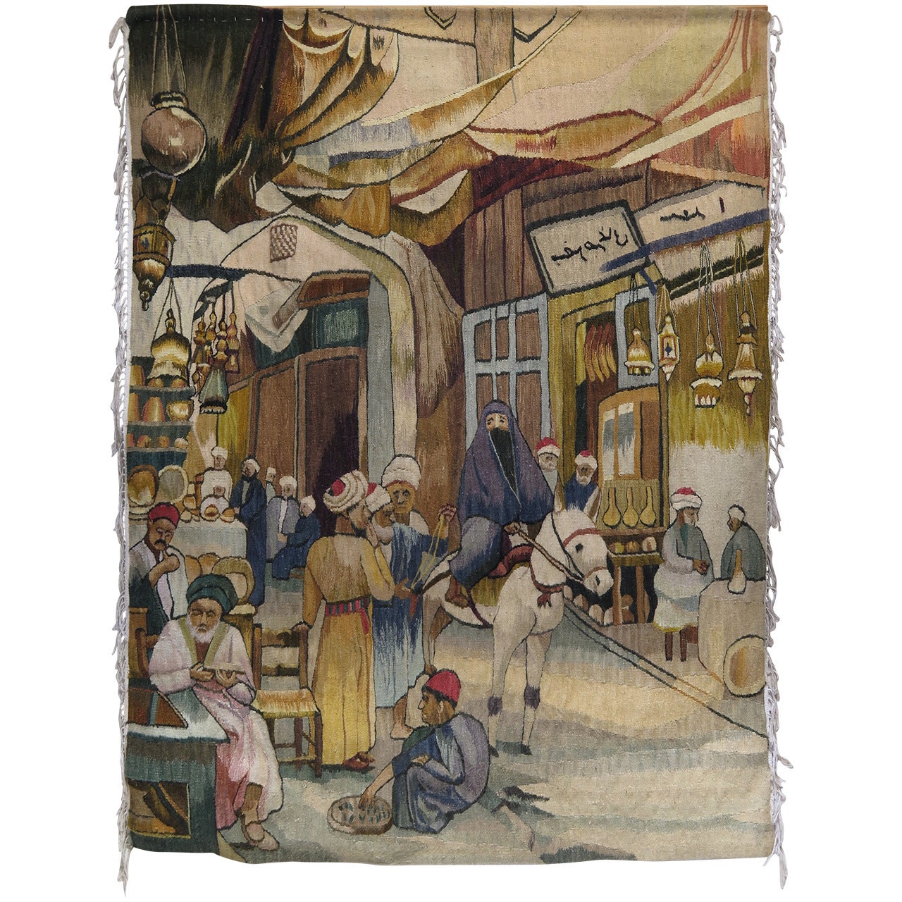 Orientalischer Wandteppich, der eine Straßen- oder Souk-Szene darstellt