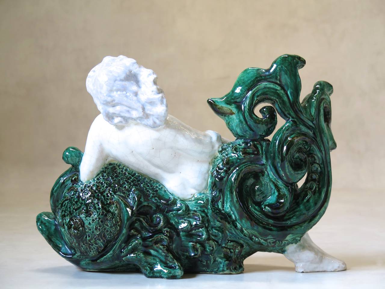 French Art Deco Glazed Ceramic Woman and Dolphin Sculpture In Excellent Condition For Sale In Isle Sur La Sorgue, Vaucluse