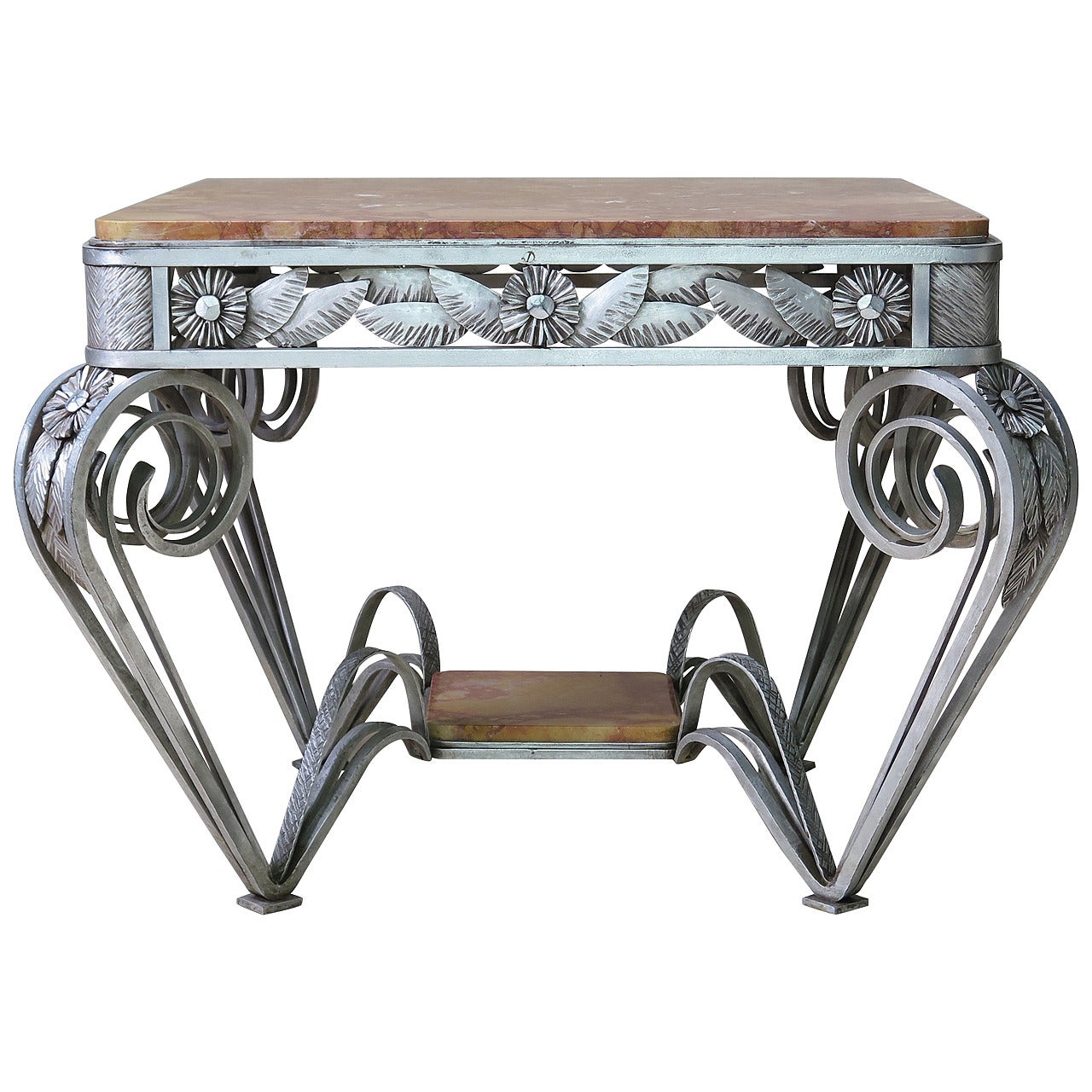 French Art Deco Wrought Iron and Marble "Flower" Table, circa 1930s