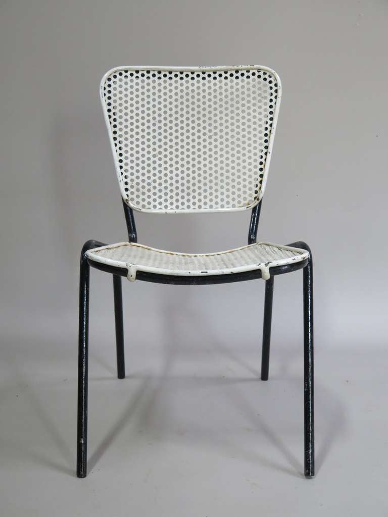 Mid-Century Modern Set of Six Perforated Black and White Iron Chairs