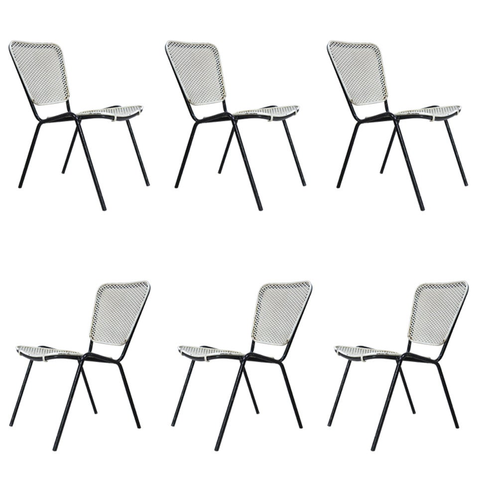 Set of Six Perforated Black and White Iron Chairs
