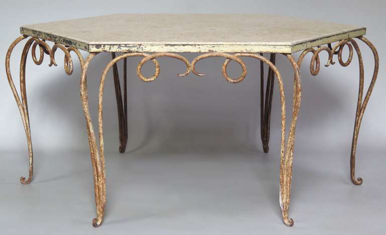 Hexagonal Coffee Table, Wrought Iron & Marble - France, 1940s
