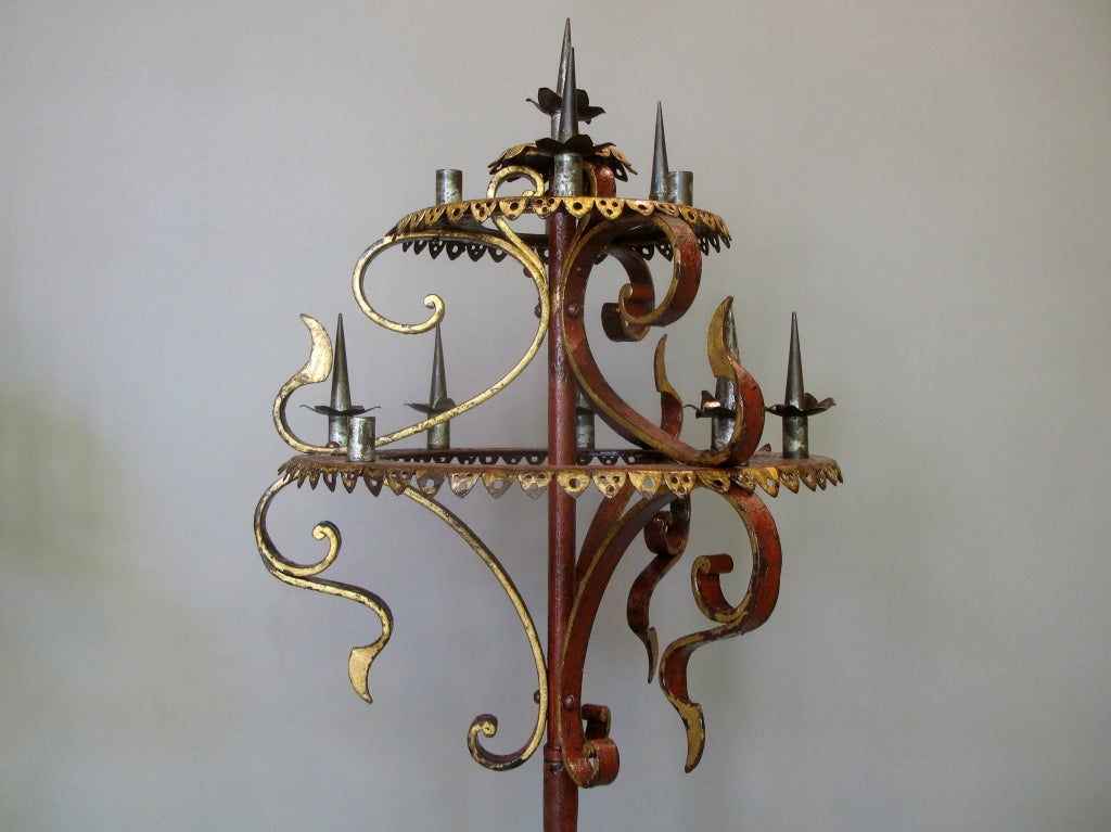 French Tall Pair of Red and Gold Iron Candelabrum, France, 19th Century For Sale