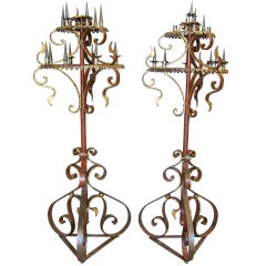Antique Tall Pair of Red and Gold Iron Candelabrum, France, 19th Century