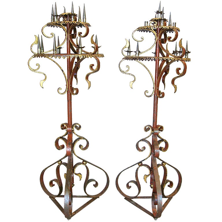Tall Pair of Red and Gold Iron Candelabrum, France, 19th Century For Sale