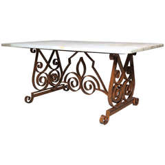 Wrought Iron and Marble Table, France, 1940s