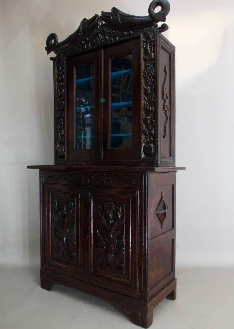 French Crazy Folk Art Cabinet with Fish and Fruit For Sale
