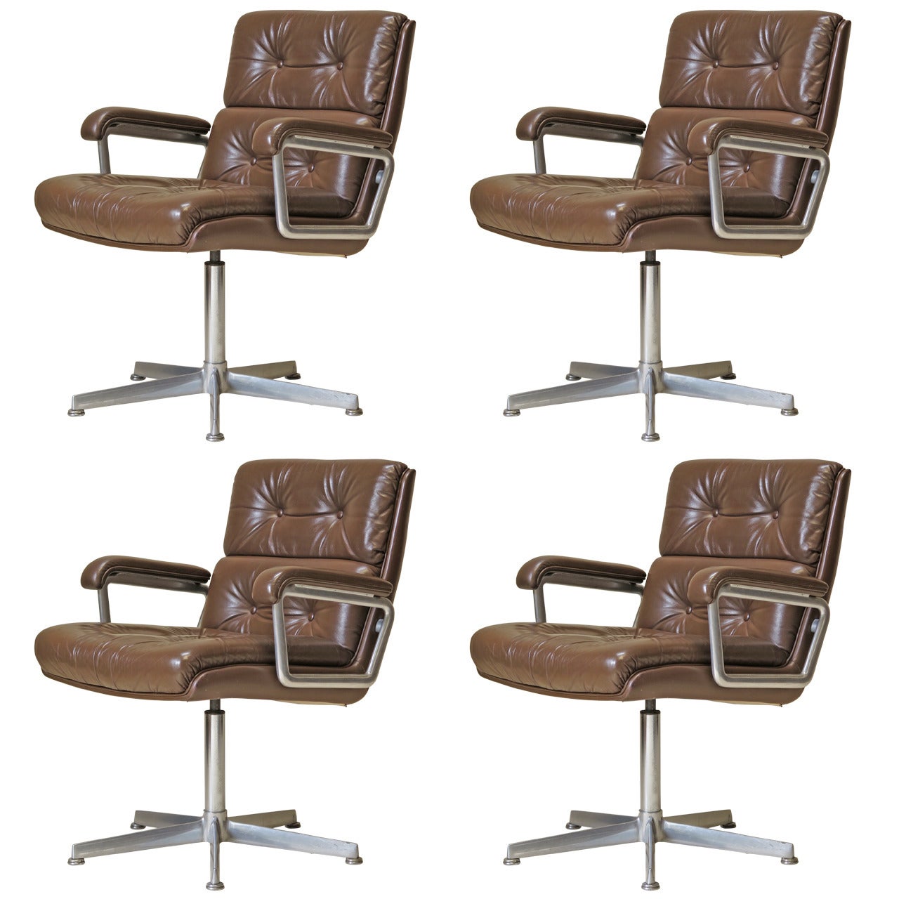Set of 4 Leather-Upholstered Swivel Desk Chairs - France, 1960s