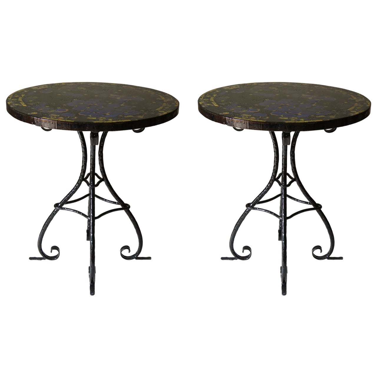 Pair of Mosaic-Top Wrought Iron Gueridons, Spain circa 1920s For Sale