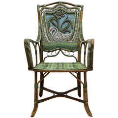 Rattan Armchair with Swan Decor - France, 19th Century