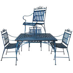 Lovely French 1930s Wrought Iron and Wood Garden Table with Four Armchairs