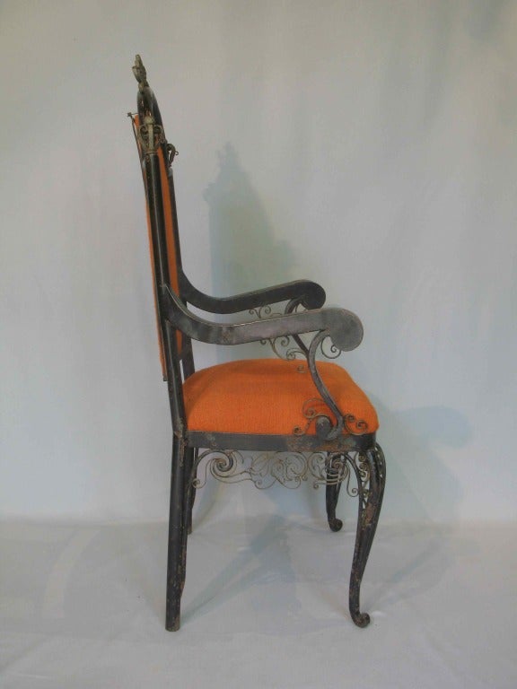 French 1940s Neo Baroque Lounge Armchair Orange Wool Fabric Black Metal  For Sale