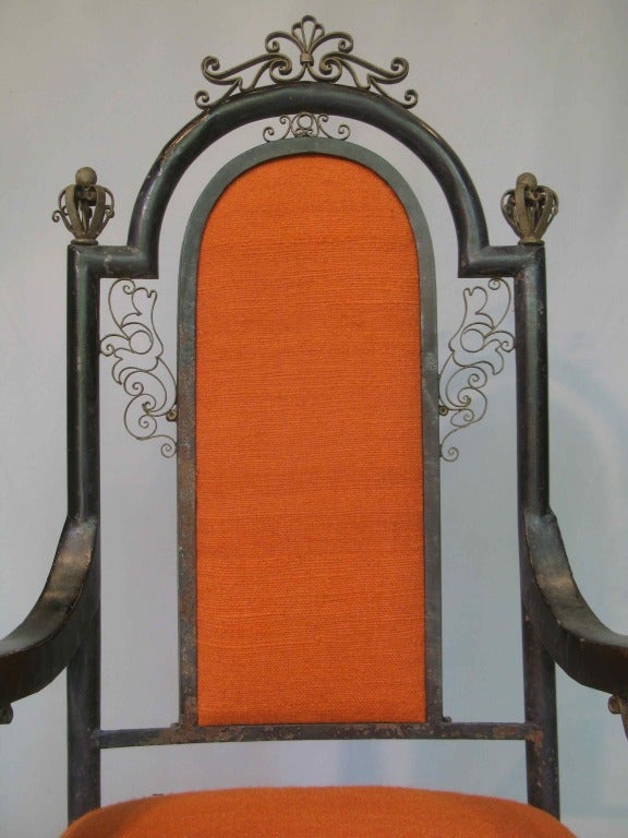 1940s Neo Baroque Lounge Armchair Orange Wool Fabric Black Metal  In Excellent Condition For Sale In Isle Sur La Sorgue, Vaucluse