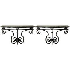 Pair of Art Deco Wrought Iron and Marble Consoles, France, circa 1940s 7