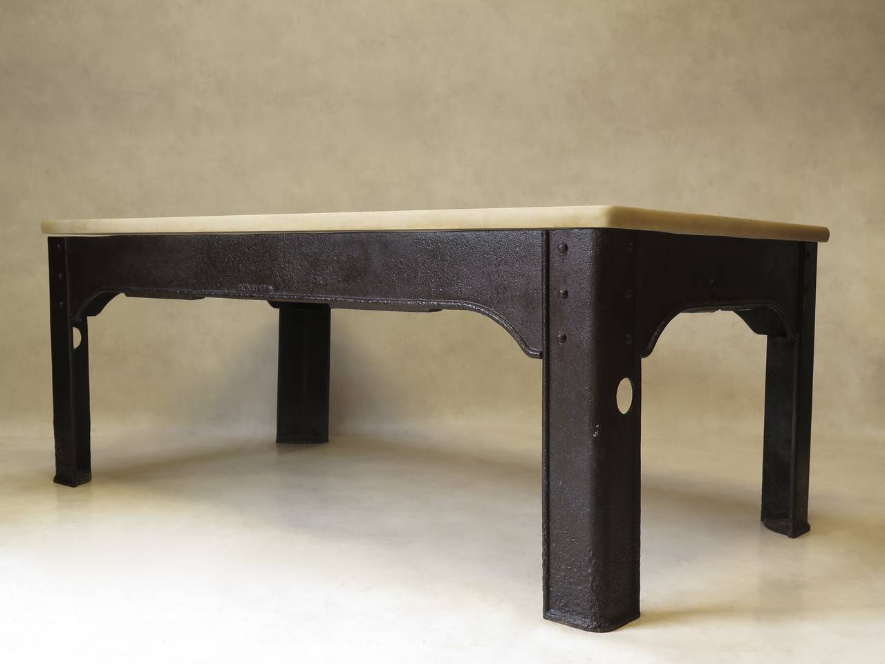 Industrial Riveted Iron Work Table with Stone Top, France, 1900s For Sale