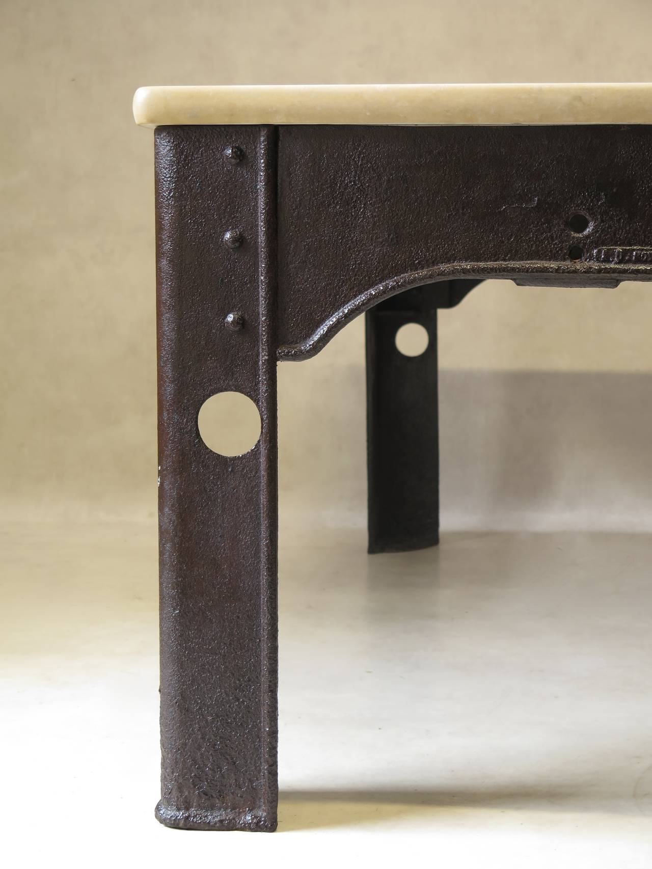 French Riveted Iron Work Table with Stone Top, France, 1900s For Sale