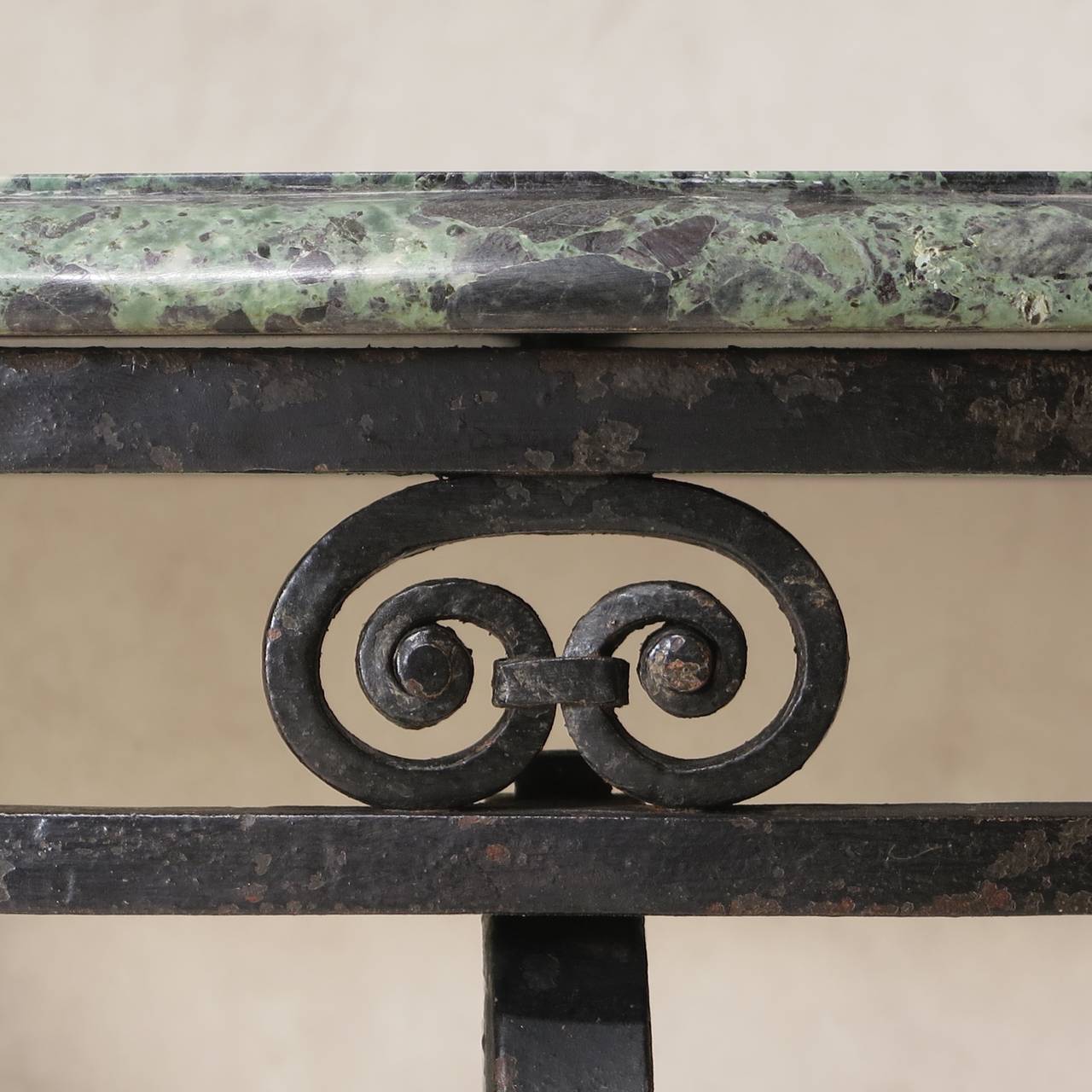French Pair of Art Deco Wrought Iron and Marble Consoles, France, circa 1940s