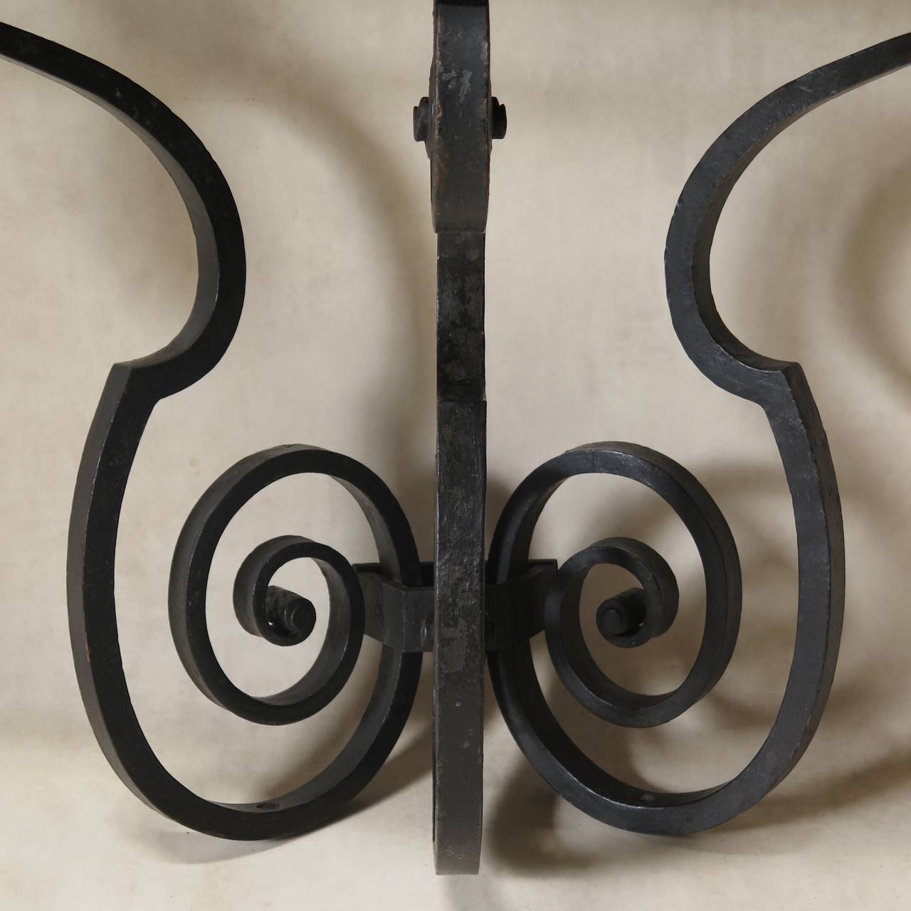 Pair of Art Deco Wrought Iron and Marble Consoles, France, circa 1940s 1