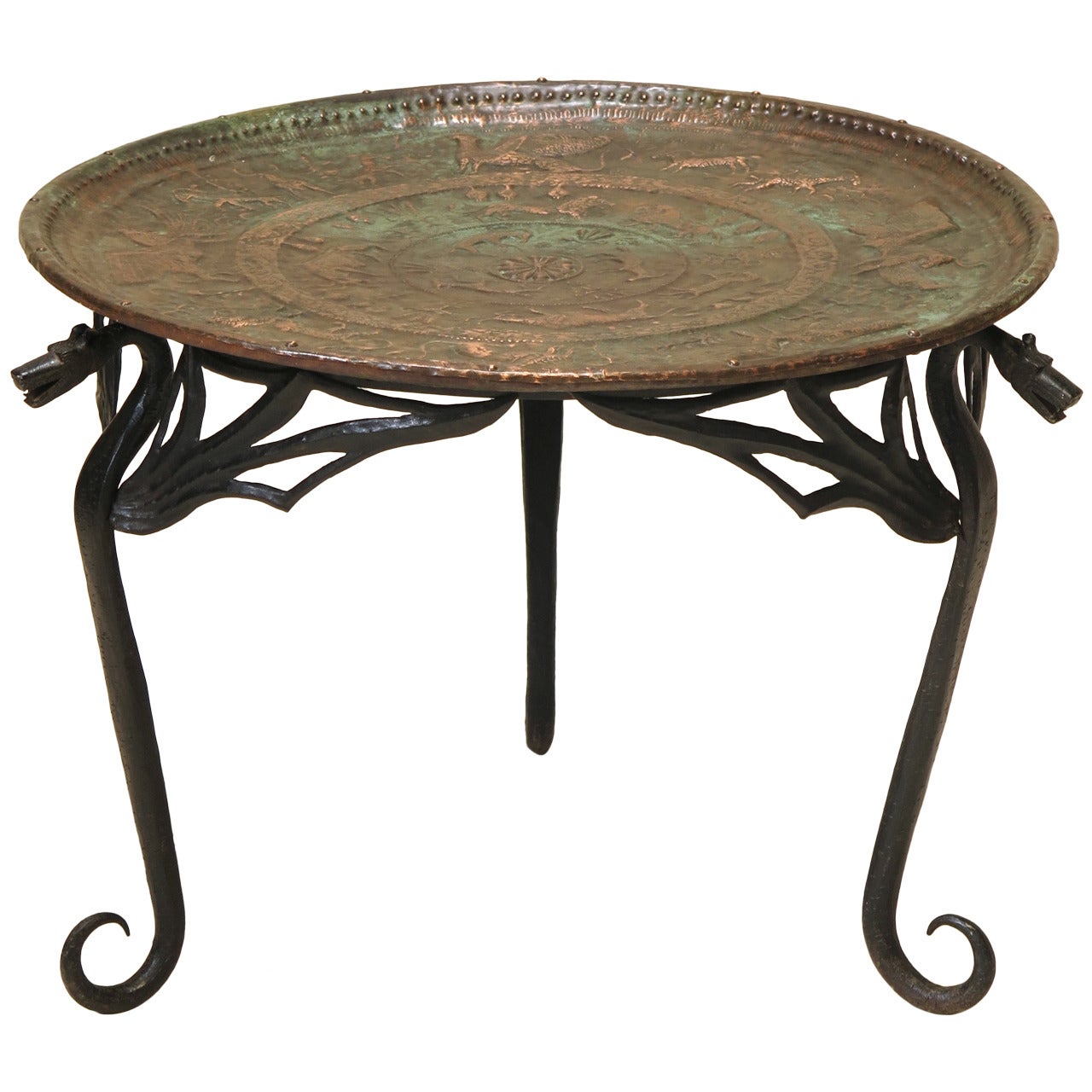Wrought Iron "Dragon" Coffee Table with Copper Top, France, Early 1900s For Sale