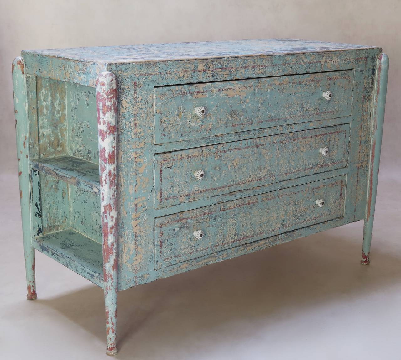 French Unusual Painted Chest of Drawers with Side Shelves, France, 1920s