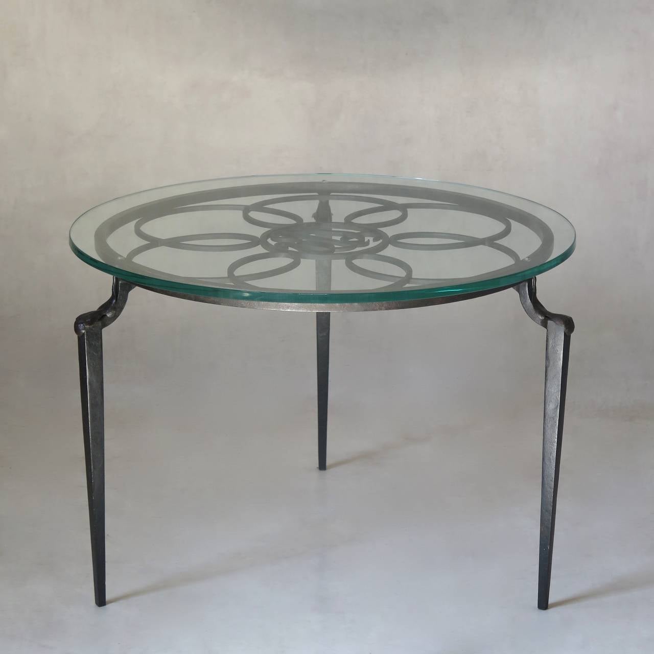 Art Deco French Monogrammed Wrought Iron Coffee Table with Glass Top, circa 1930s