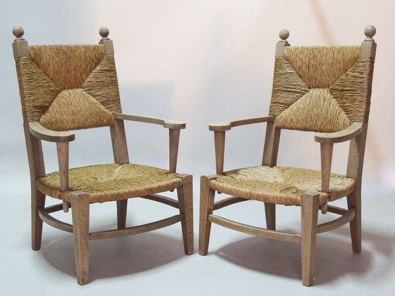 French Pair of Oak and Rush Armchairs - France, 1940s