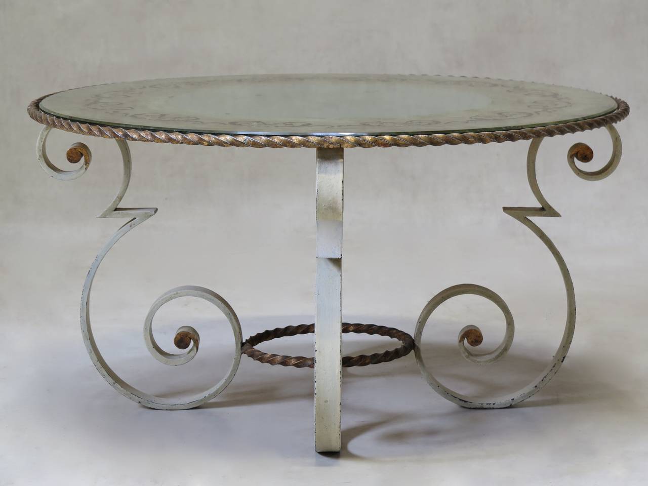 French Wrought Iron Coffee Table with Eglomisé Mirror Top, France 1940s For Sale