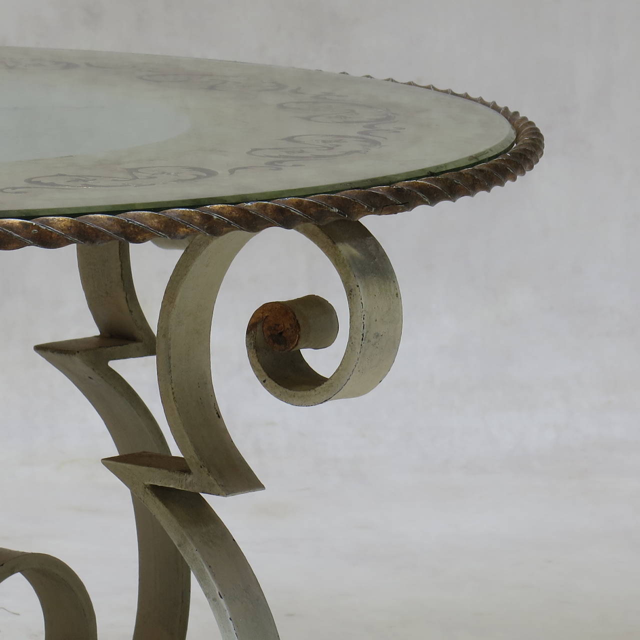 Glass Wrought Iron Coffee Table with Eglomisé Mirror Top, France 1940s For Sale