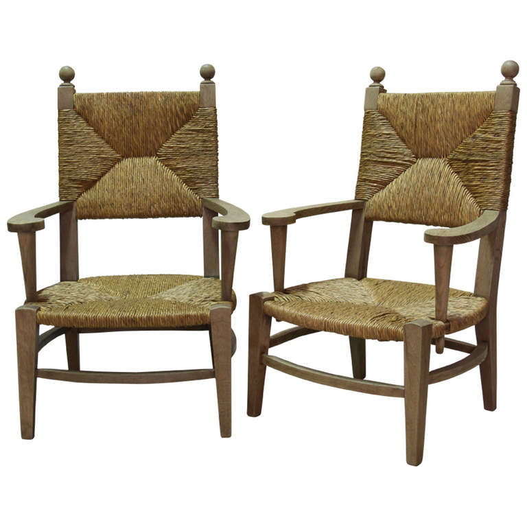 Pair of Oak and Rush Armchairs - France, 1940s