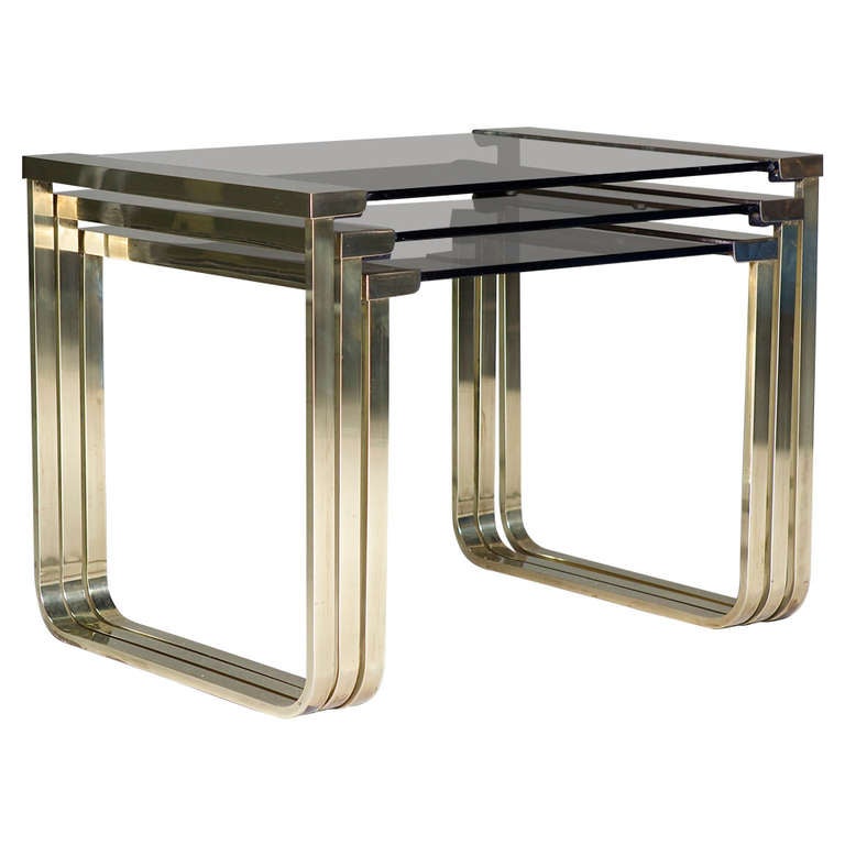 Set of Three Brass and Glass Nesting Tables, France, circa 1960s