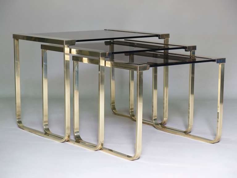 French Set of Three Brass and Glass Nesting Tables, France, circa 1960s For Sale